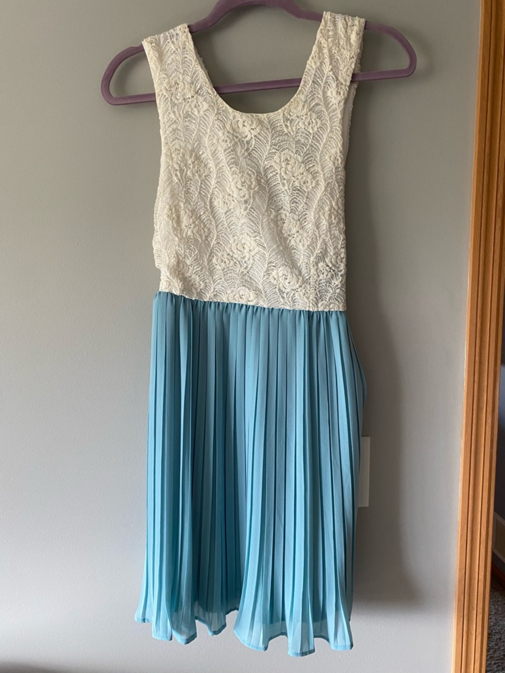 Ivory Lace & Light Blue Pleated Dress